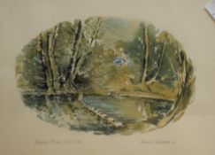 Vernon Wildgoose (British 20th Century) Watercolour 'Stepping Stones, River Mole' painted in an oval