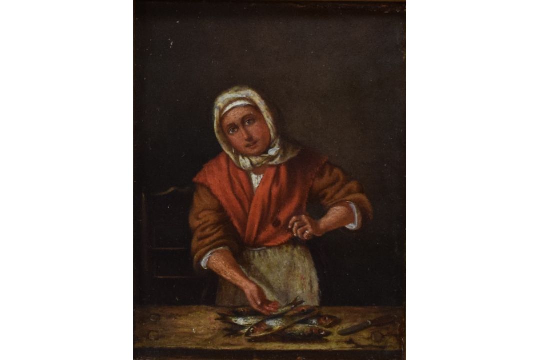 A small 19th century type oil on board/panel, a continental woman preparing fish, unsigned, within a - Image 1 of 3
