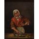 A small 19th century type oil on board/panel, a continental woman preparing fish, unsigned, within a - Image 1 of 3