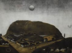 After Emir Dragulj (Bosnian 1939 - 2002) Aquatint/etching 'Veliko Brdo' an interesting scene