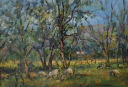 Claude Tournois (South African 1926-2011) oil on board, an impressionistic pastoral scene with sheep