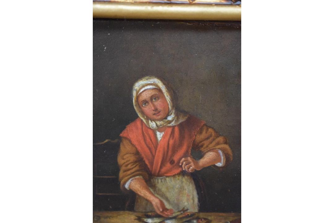 A small 19th century type oil on board/panel, a continental woman preparing fish, unsigned, within a - Image 3 of 3