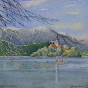 Alex Johnson (British contemporary) watercolour 'Lake Bled Slovenia', a colourful depiction