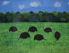 Ramedane Jiru (20th Century) Acrylic on paper, a vibrant African scene of Guinea fowl grazing in