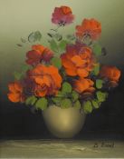 D Frost (20th Century) Oil on canvas, still life depicting a vase of roses, signed lower right,