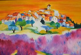A collection of four contemporary oil on canvas landscapes, depicting vibrant continental/possibly