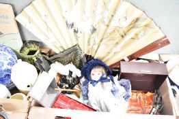 A large oriental fan having hand painted Crane decoration, a Chinese tableware set including