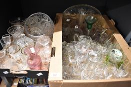 A selection of assorted glassware in two cartons including cut glass dishes, vases, jugs, trinket