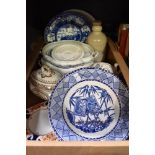 Five blue and white JM & Son 'Bamboo' soup plates, a stoneware bottle and a selection of assorted