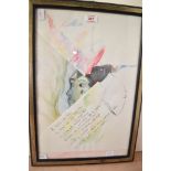 Eugan Hobien (German contemporary) watercolour, illustrated poem in German, on ripped and folded