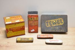 A collection of vintage tin boxes including Hilti, Tyesules, Chemico etc
