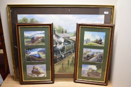 A framed Steam train print after Don Breckon The Great Western and two sets of three framed prints