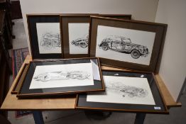 Six Car Cutaway prints of vintage vehicles inc E-Type jaguar, Jaguar XJ13, and vintage Bentley all
