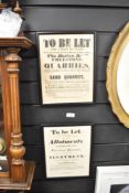 Of local interest, two 19th-century framed historical printed notices, to include an advertisement