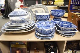 A large quantity of 19th to early 20th-century blue and white tableware, featuring Copeland Spode '