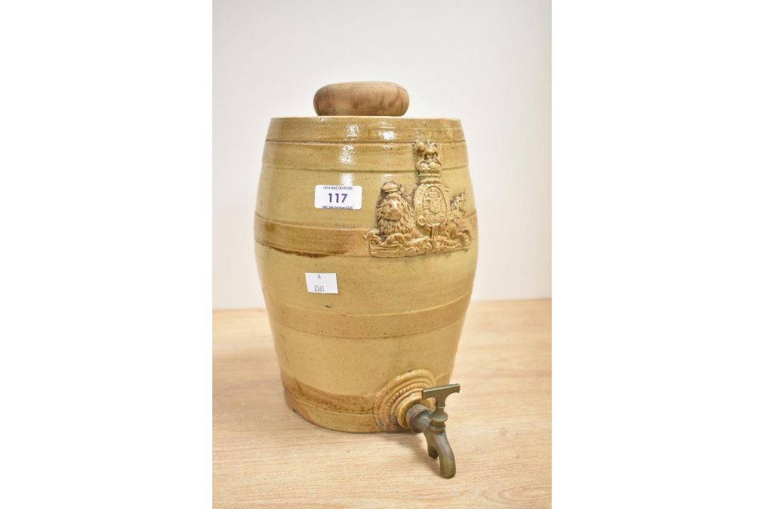 A Victorian salt-glazed stoneware spirit/whiskey barrel with a brass tap, featuring an applied, - Image 1 of 7