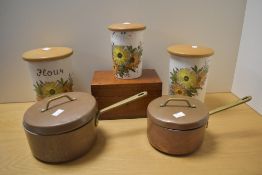 Three Crown Devon 'Fieldings' pattern storage jars, largest measuring 21cm tall, sold together