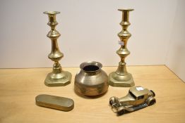 A quantity of 20th-century brass ware, to include a pair of ornately-formed chamber sticks, a hand