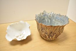 Two studio/art pottery bowls/planters each of asymmetric design with foliate decoration
