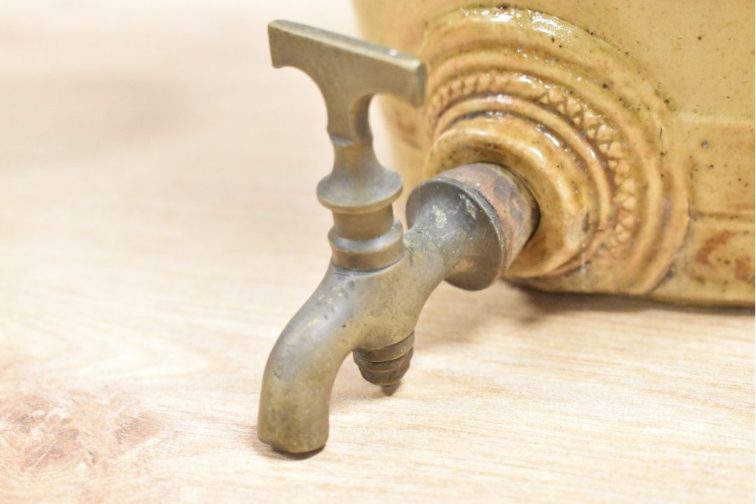 A Victorian salt-glazed stoneware spirit/whiskey barrel with a brass tap, featuring an applied, - Image 5 of 7