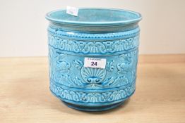 An unusual Victorian Burmantofts faience-style, turquoise-glazed art pottery jardinière, featuring a