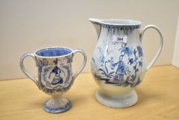 A 19th century European Delft ware baluster jug with moulded spout and applied loop handle, hand