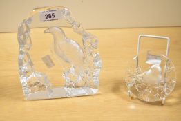 Two 20th century Mats Jonasson Maleras crystal paperweights featuring eagle and robin.