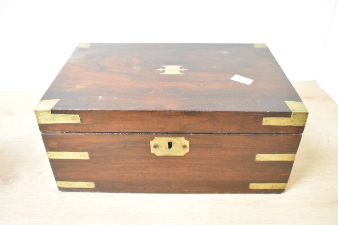 A 19th-century mahogany brass mounted box, reminiscent of a military writing slope, 21cmx32cm, - Image 1 of 2