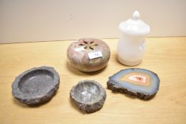 An assortment of 20th-century sundry natural stone items, presumed onyx, to include an Indian