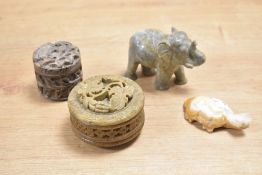 A quantity of 20th-century Oriental carved stone pieces, to include a two small boxes decorated with