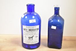Two late 19th-century dark blue glass containers, to feature a bottle of J. Morgan and Sons 'White