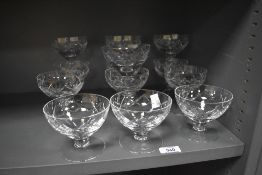A selection of 20th-century Whitefriars Crystal coupe bowls and champagne glasses, featuring a