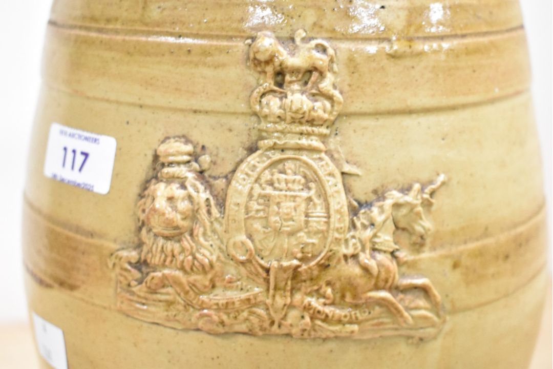 A Victorian salt-glazed stoneware spirit/whiskey barrel with a brass tap, featuring an applied, - Image 6 of 7