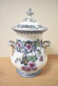 A large Victorian Edge, Malkin & Co-style transfer ware jar, featuring a foliate formed finial, twin