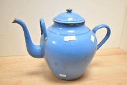 A 20th-century blue enamelware teapot, marked to base, 25cm, condition is consistent with age and