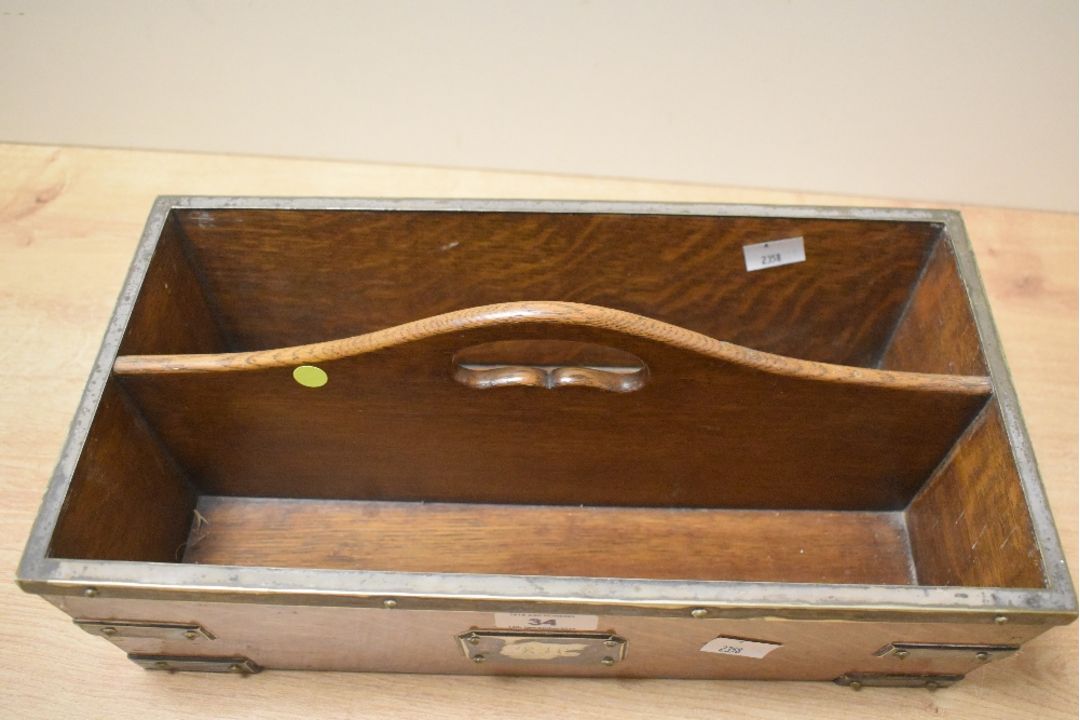 A Victorian oak cutlery caddy with metal hardware, having an initialled front plaque reading ‘KH’ in - Image 3 of 5
