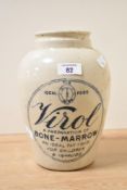A large early 20th-century Virol stoneware jar, 23cm, condition is consistent with age and use.