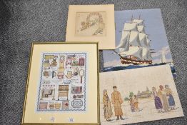 A selection of three early 20th-century needlepoint pictures depicting various pastoral scenes and