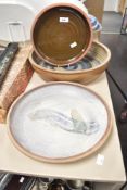 A group of three attractive studio pottery bowls largest measuring 34cm in diameter.