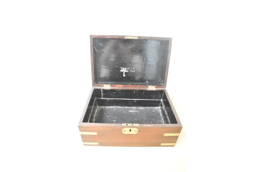 A 19th-century mahogany brass mounted box, reminiscent of a military writing slope, 21cmx32cm, - Image 2 of 2