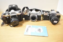 Three Praktica SLR 35mm cameras. A Praktica MTL 5B with a Carl Zeiss Flektogon 35mm f2.4 lens. A