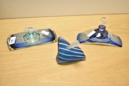 Three contemporary studio art glass perfume scent bottles, to include a Stuart Akroyd striped