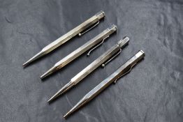 Four hexagonal Yard o Led mechanical pencils. One Stirling Silver, three Hallmarked London 1956,