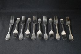A group of eleven Victorian silver fiddle pattern forks, having 'P' initial to terminals, marks