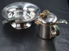 A Los Castillo Mexican silver plated dish, having a flared moulded rim with a stone set bird and