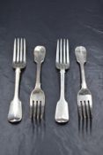 A set of four Victorian silver fiddle pattern forks, having 'P' initial to terminals, marks for