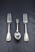 A pair of George III silver fiddle and shell pattern forks, along with a matching dessert spoon, all