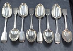 A set of eight William IV silver fiddle pattern spoons, having 'P' initial to terminals, marks for
