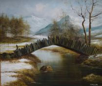 *Local Interest* W Howarth (20th Century) Oil on board 'Slaters Bridge, Lake District' a depiction