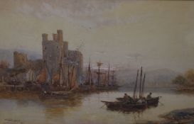 Stuart Lloyd (British 1845-1959) English School Watercolour, river scene with castle and fishing